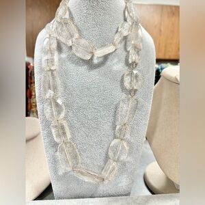 Signed NY Large Clear Chucky Crackle Lucite On A Long Sliver Tone Chain Necklace